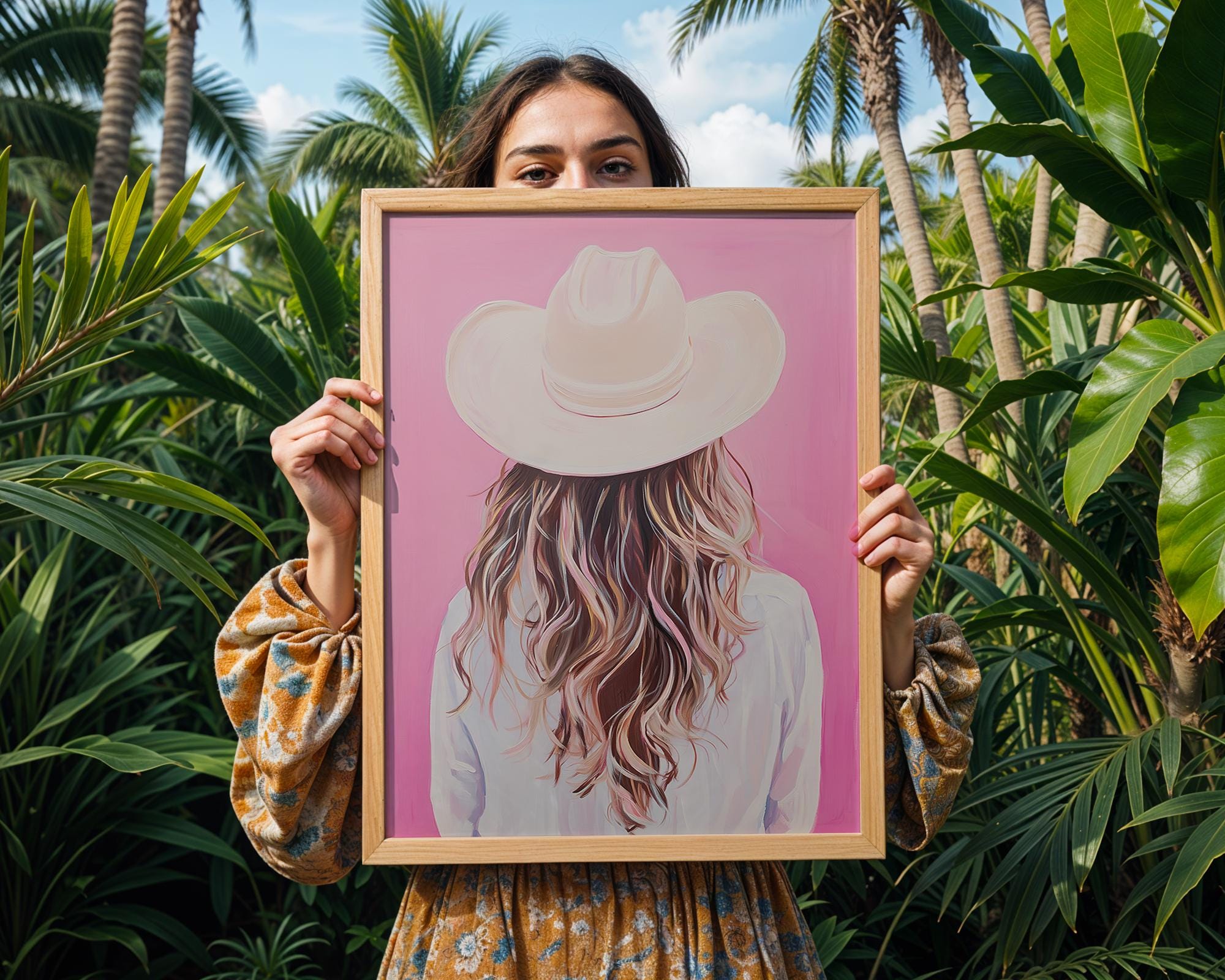 Coastal Cowgirl Art Print | Blonde Hair, Pink Western Decor wall art print, modern home decor, unframed artwork by Nomad & Nest