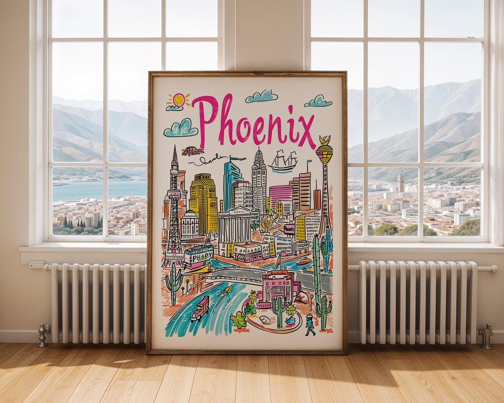 Phoenix Arizona Travel Poster | Colorful Cityscape Art Print wall art print, modern home decor, unframed artwork by Nomad & Nest