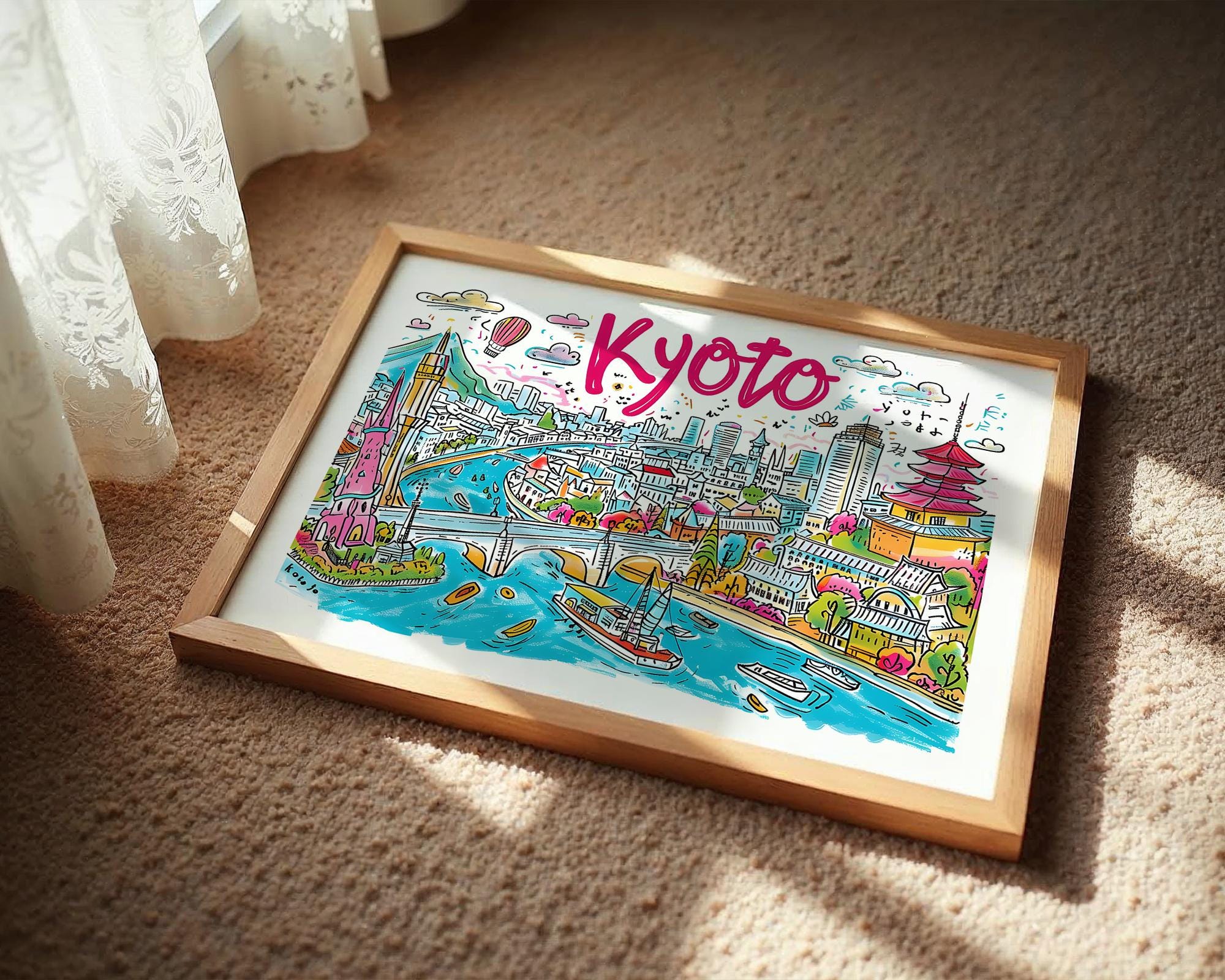 Kyoto Japan Cityscape Art Print | Colorful Travel Poster wall art print, modern home decor, unframed artwork by Nomad & Nest