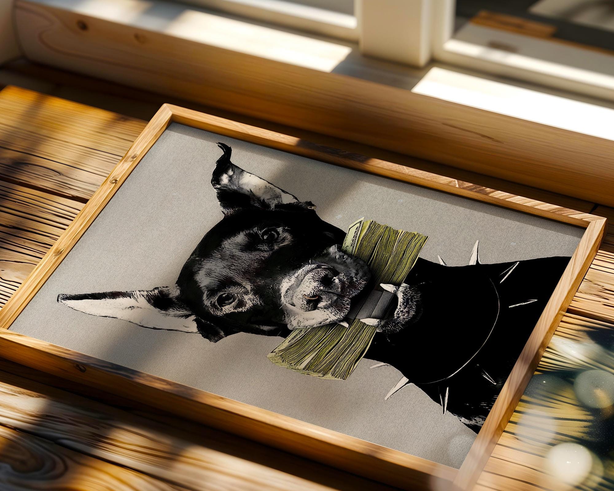 Doberman with Cash Money Poster, Minimalist Dog Print, Entrepreneur Office Decor wall art print, modern home decor, unframed artwork by Nomad & Nest