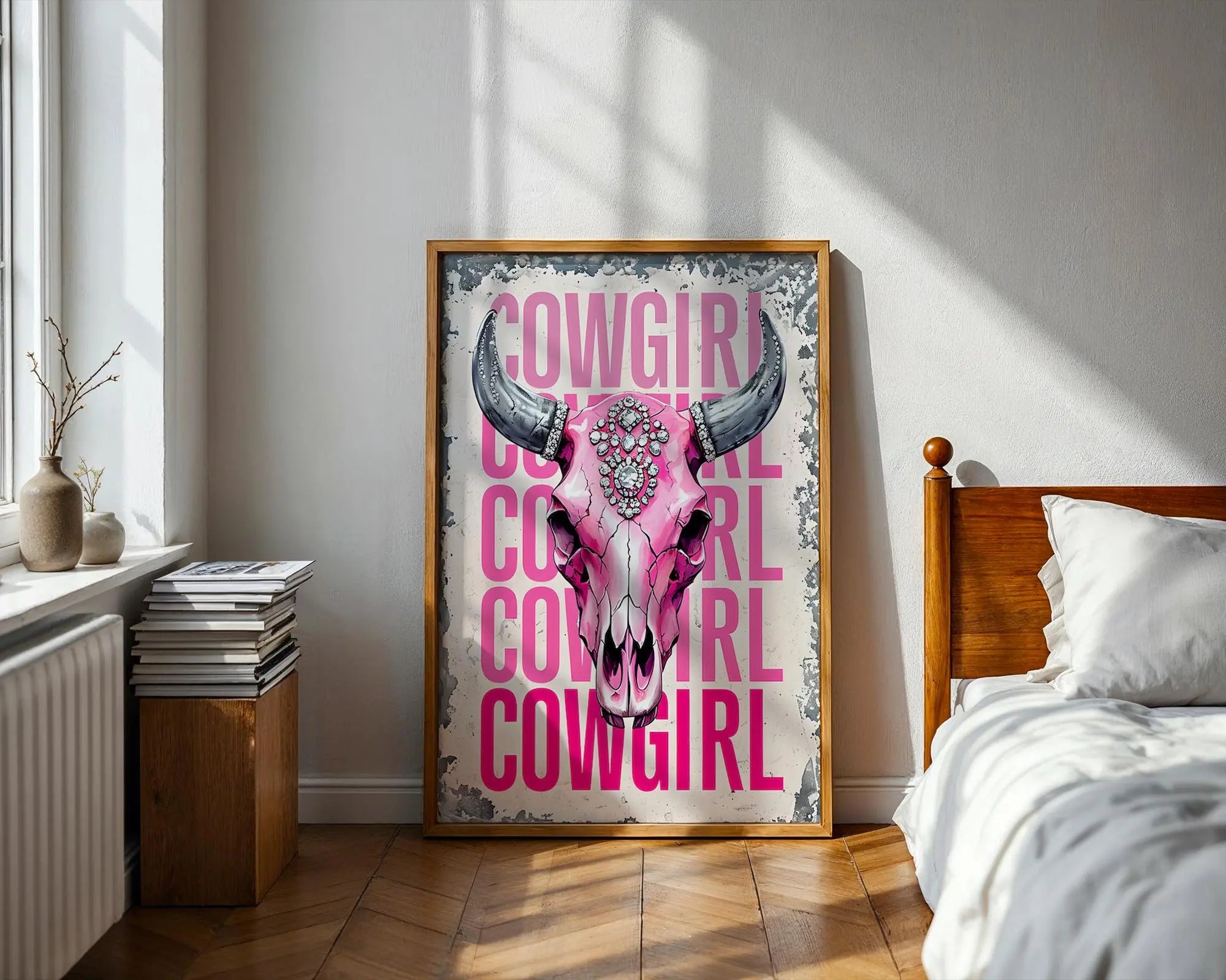 Pink Cowgirl Skull Art Print – Rhinestone Western Glam Decor wall art print, modern home decor, unframed artwork by Nomad & Nest