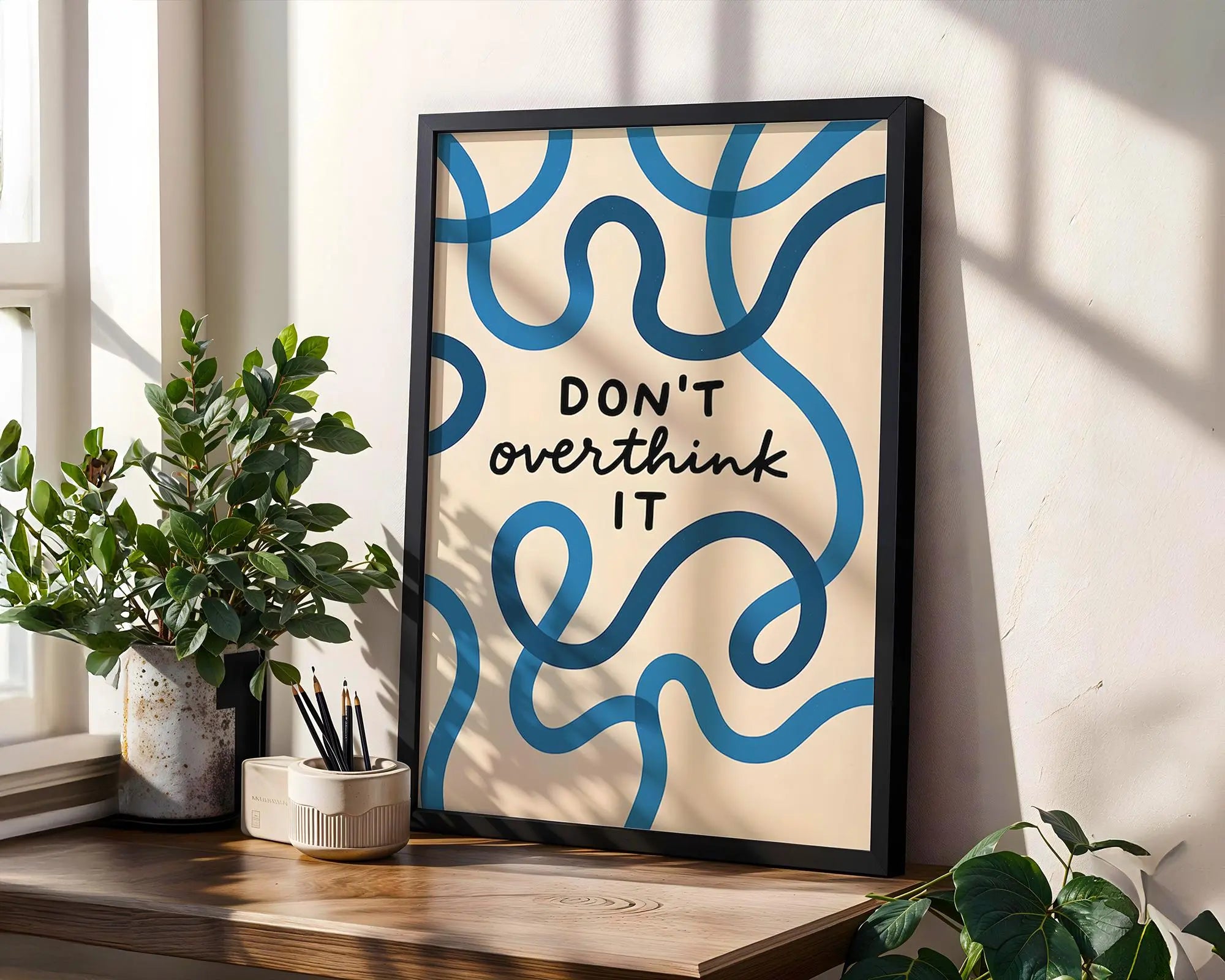Abstract Line Art Print | 'Don't Overthink It' Quote wall art print, modern home decor, unframed artwork by Nomad & Nest