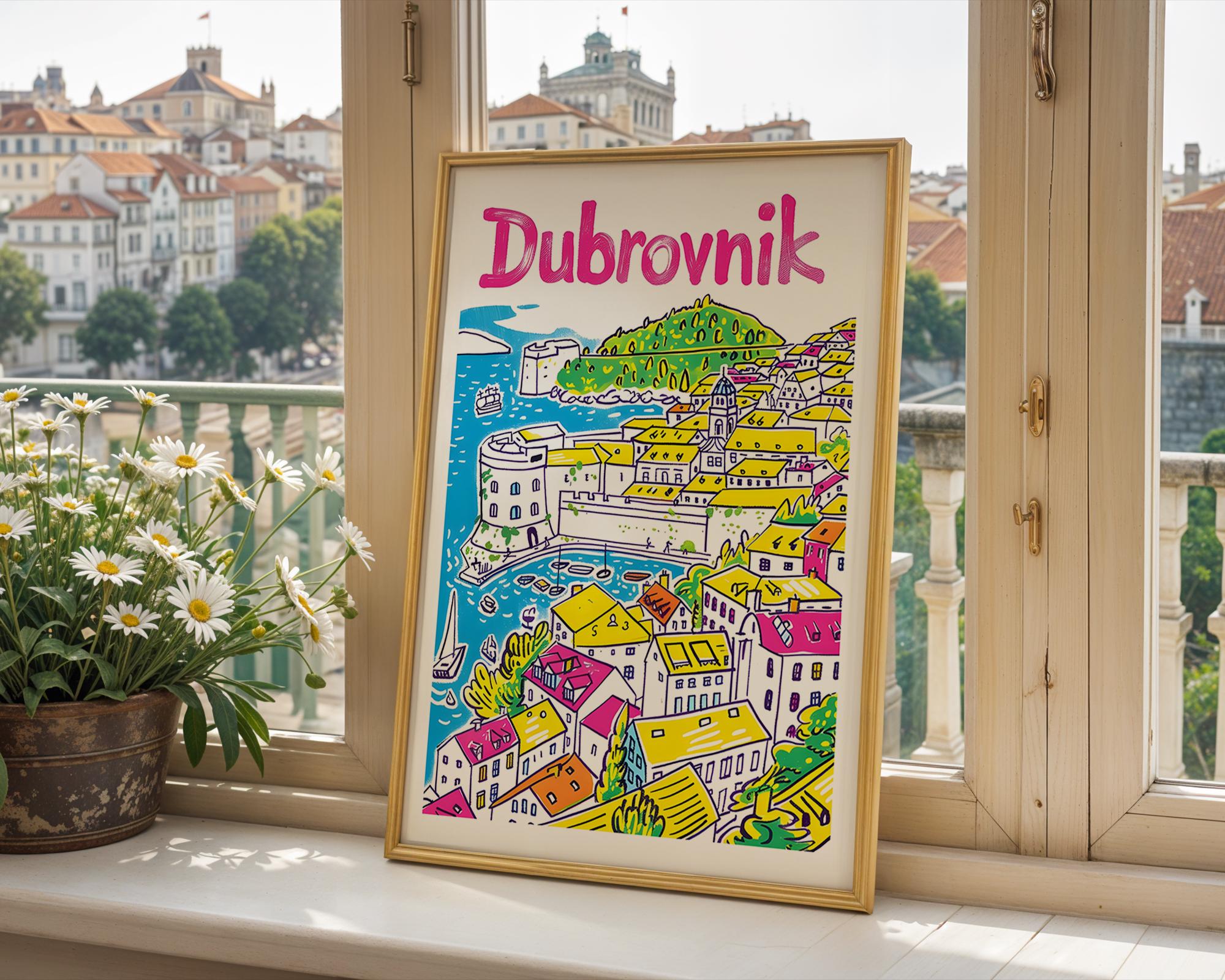 Dubrovnik Croatia Art Print | Colourful Coastal Travel Poster wall art print, modern home decor, unframed artwork by Nomad & Nest