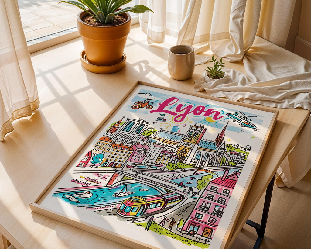 Lyon France City Poster | Colorful European Travel Print wall art print, modern home decor, unframed artwork by Nomad & Nest