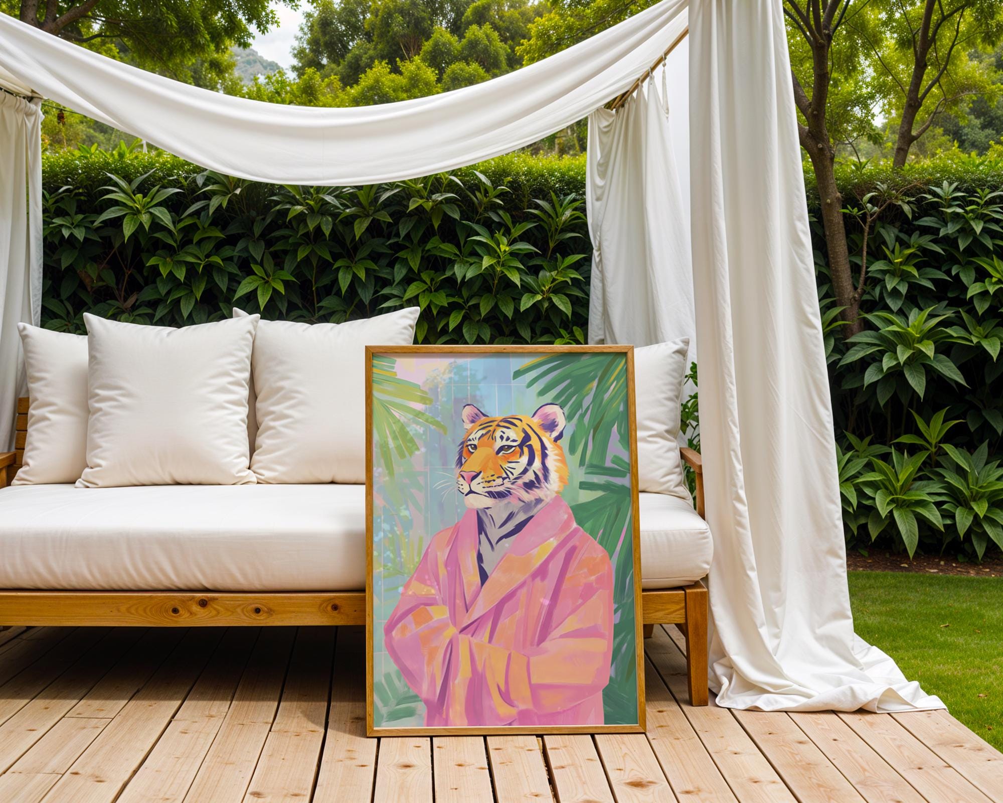 Tiger in Pink Robe Art Print | Whimsical Jungle Animal Poster wall art print, modern home decor, unframed artwork by Nomad & Nest