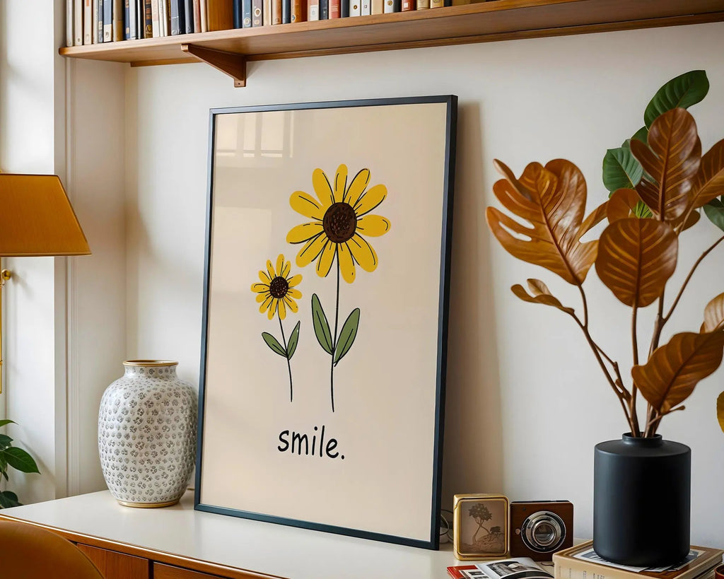 Positive Emotion | Smile Sunflower Wall Art | Simple Happy Floral Print | Cheerful Home Decor wall art print, modern home decor, unframed artwork by Nomad & Nest