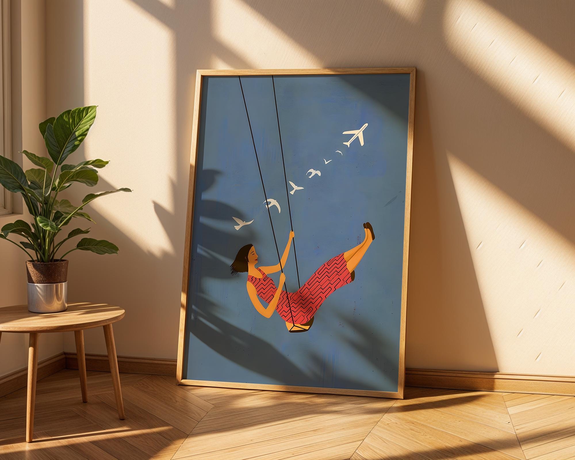 Woman on Swing Art Print | Dreamy Blue Sky Wall Decor wall art print, modern home decor, unframed artwork by Nomad & Nest