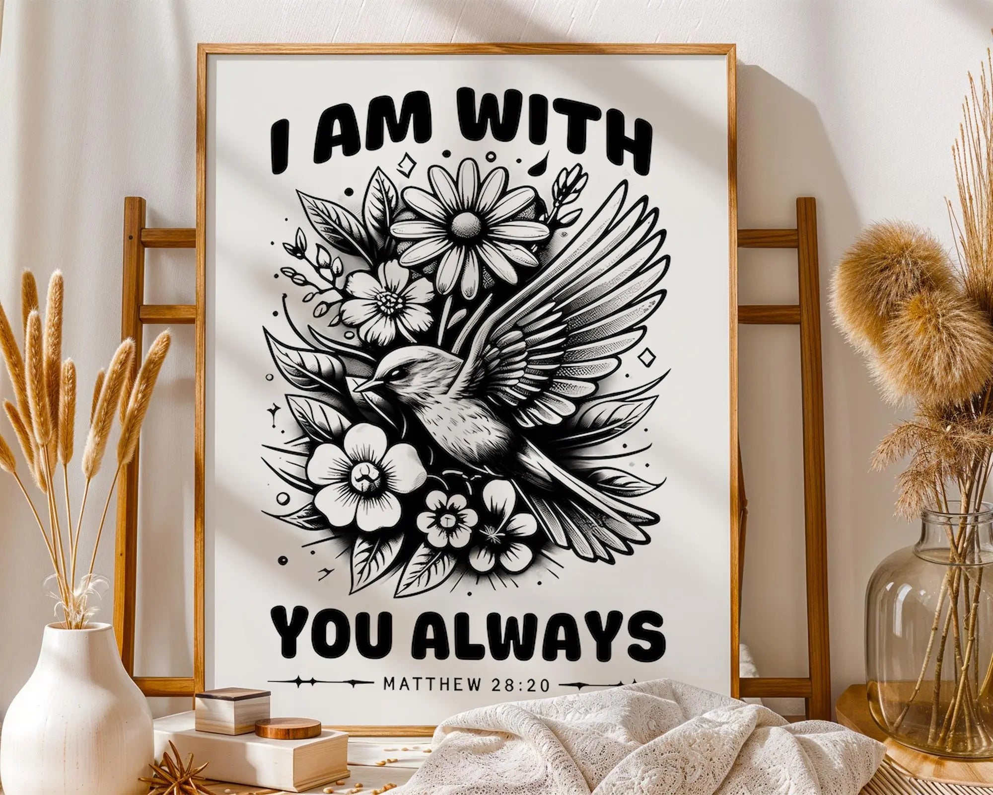 Matthew 28:20 Scripture Print | Bird and Flowers Christian Wall Art wall art print, modern home decor, unframed artwork by Nomad & Nest