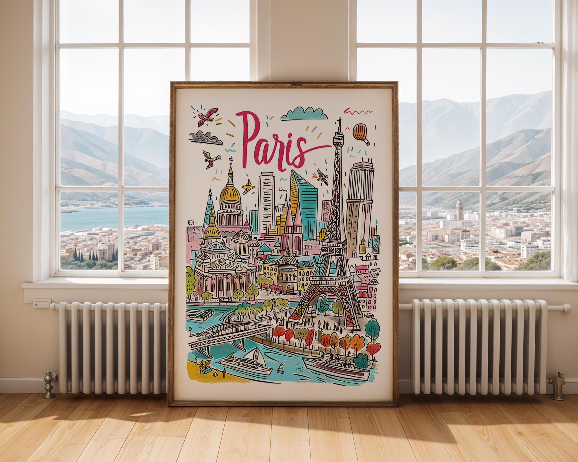 Paris France Art Print | Hand-Drawn Eiffel Tower Cityscape wall art print, modern home decor, unframed artwork by Nomad & Nest