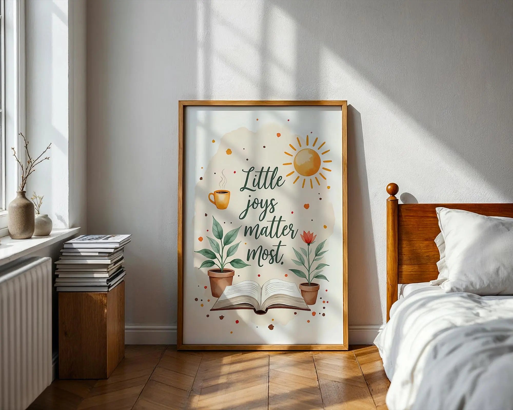 Positive Emotion | Little Joys Matter Most | Cozy Illustration Quote | Self Care Wall Art wall art print, modern home decor, unframed artwork by Nomad & Nest