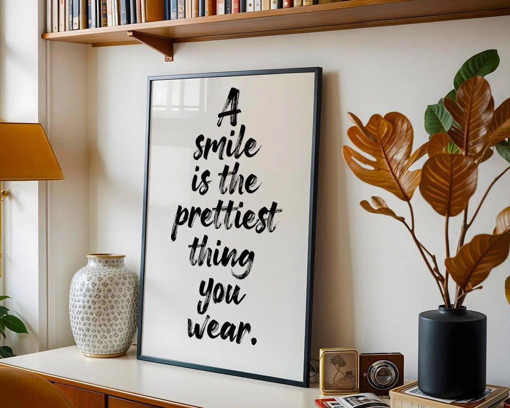 Positive Emotion | A Smile Is The Prettiest Thing Quote | Elegant Typography Wall Art wall art print, modern home decor, unframed artwork by Nomad & Nest