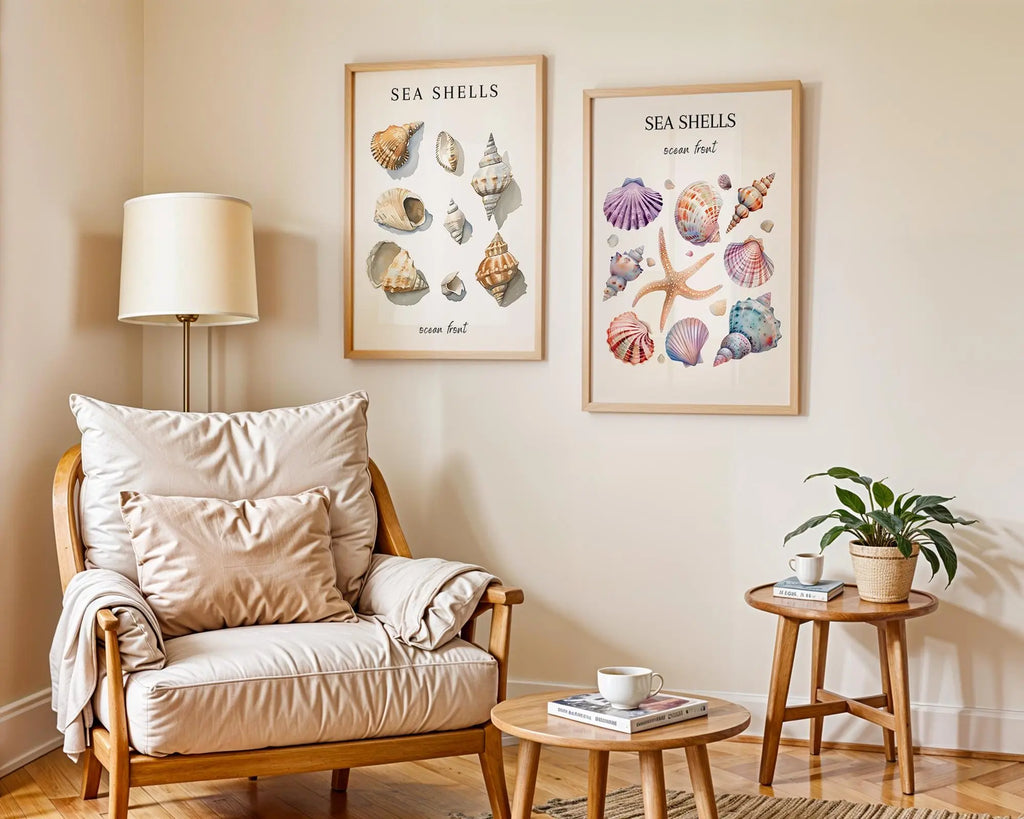 Colourful Prints | Seashell & Starfish Watercolor Print • Beach Bathroom Art wall art print, modern home decor, unframed artwork by Nomad & Nest