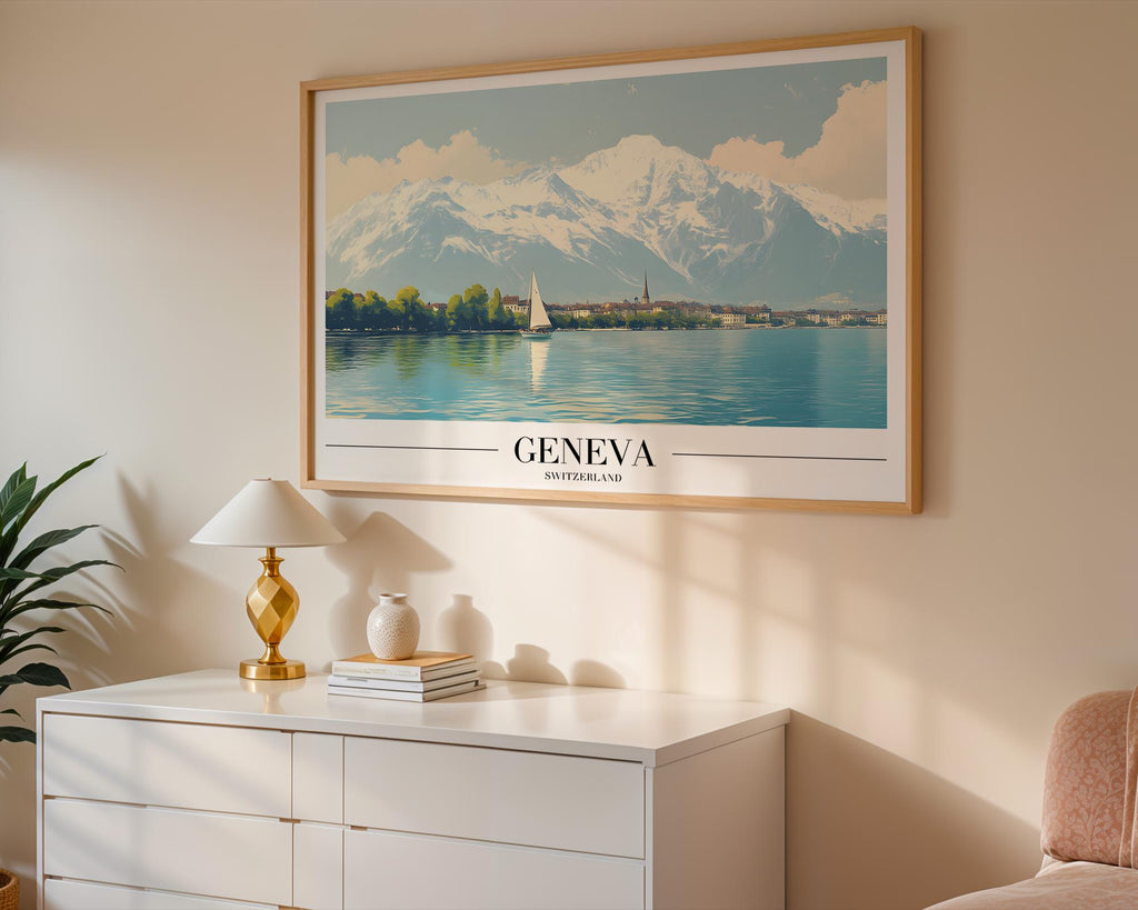 Lake Geneva Vintage Travel Poster | Snowy Alps Art Print wall art print, modern home decor, unframed artwork by Nomad & Nest