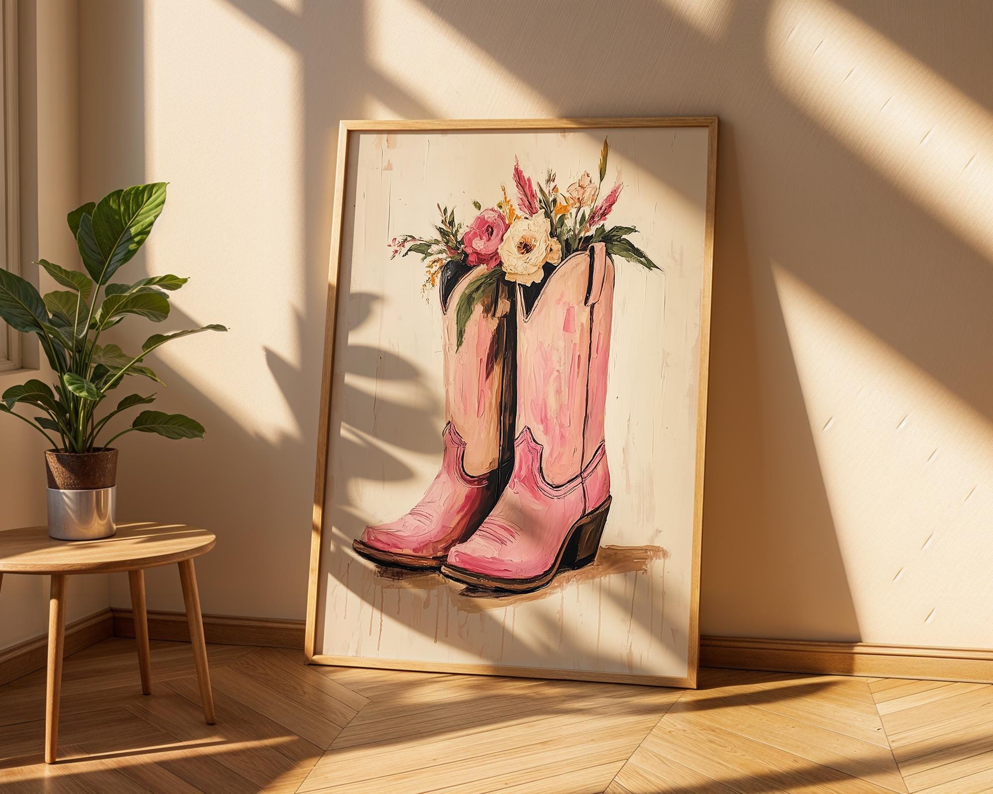 Pink Cowboy Boots with Flowers Print | Floral Western Wall Art wall art print, modern home decor, unframed artwork by Nomad & Nest