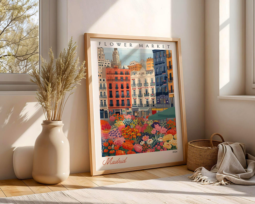 Madrid Flower Market Poster | Spanish Cityscape Travel Art wall art print, modern home decor, unframed artwork by Nomad & Nest