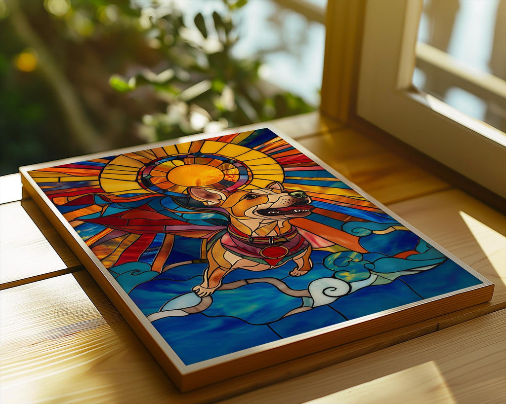 Stained Glass Superhero Dog Art Print | Colorful Mosaic Pet Décor wall art print, modern home decor, unframed artwork by Nomad & Nest