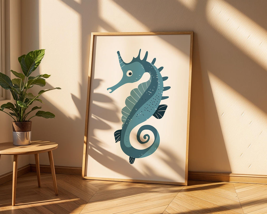 Blue Seahorse Print, Whimsical Coastal Nursery Decor, Kids Bedroom Poster wall art print, modern home decor, unframed artwork by Nomad & Nest