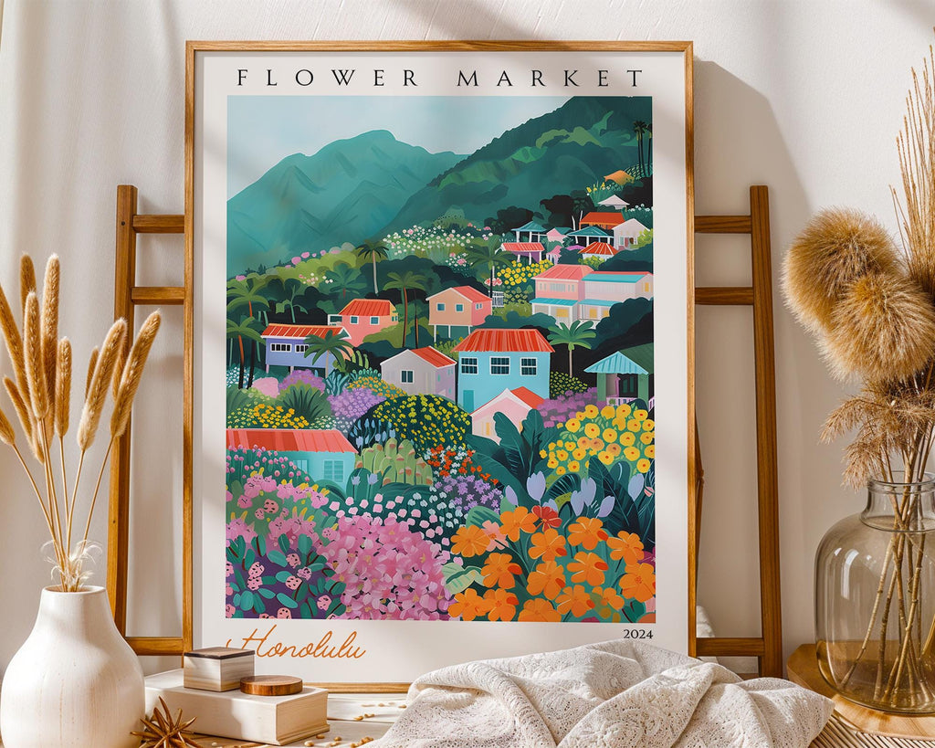 Honolulu Flower Market Print | Vintage Hawaiian Travel Poster wall art print, modern home decor, unframed artwork by Nomad & Nest