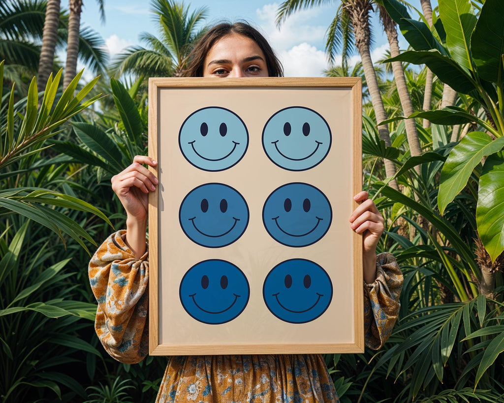 Blue Smiley Face Print | Retro Pop Art Decor wall art print, modern home decor, unframed artwork by Nomad & Nest
