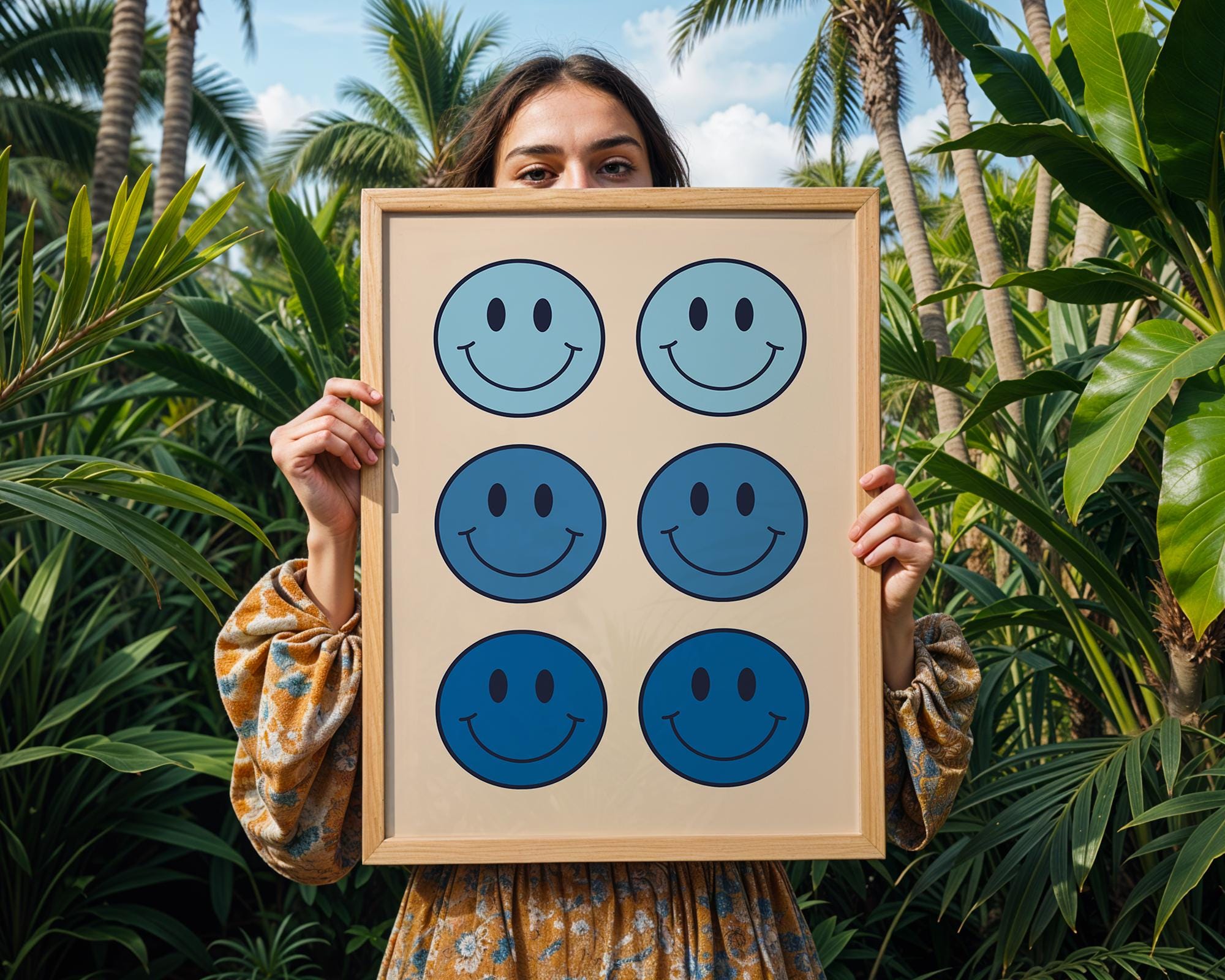 Blue Smiley Face Print | Retro Pop Art Decor wall art print, modern home decor, unframed artwork by Nomad & Nest