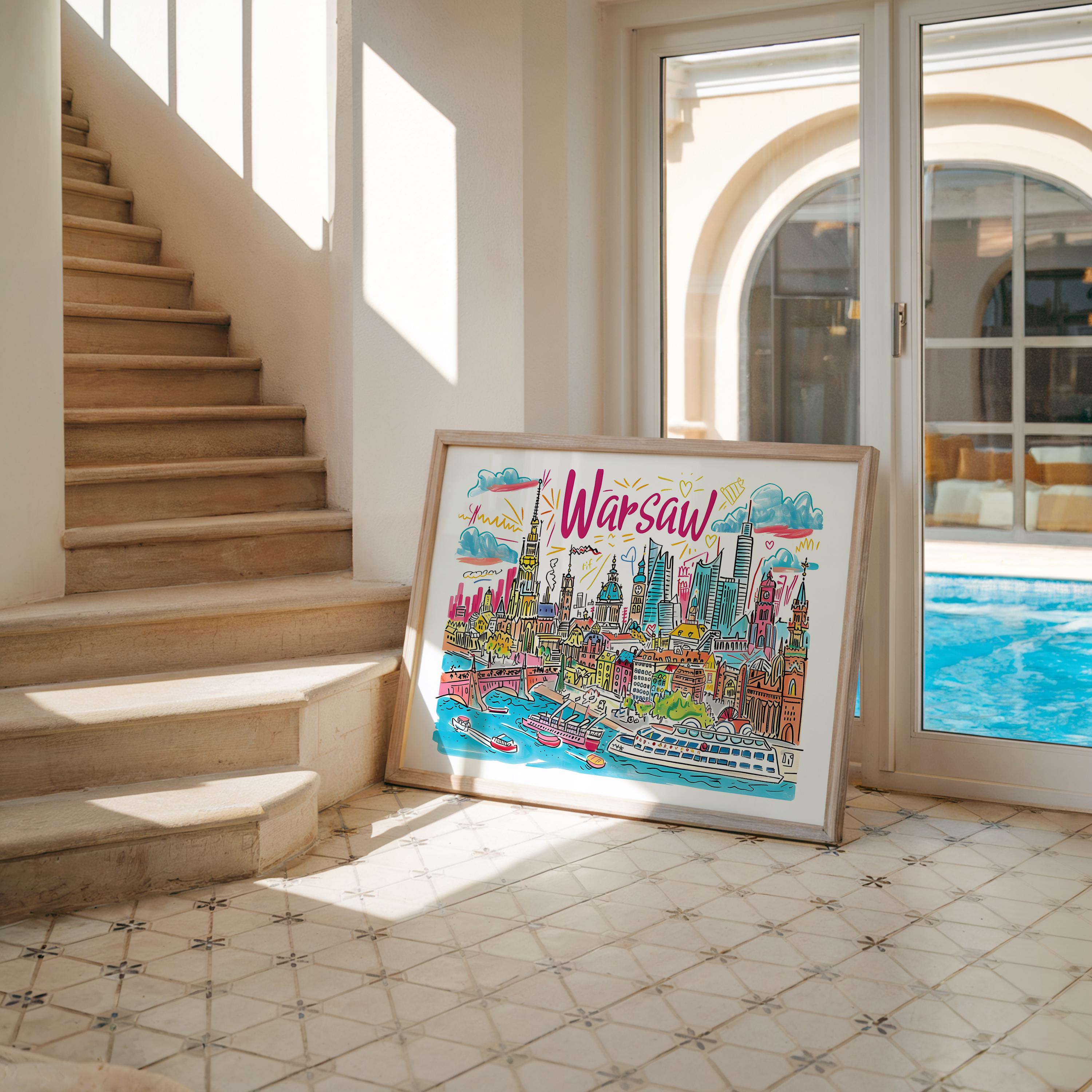 Warsaw Poland Travel Poster | Colorful Cityscape Art Print wall art print, modern home decor, unframed artwork by Nomad & Nest