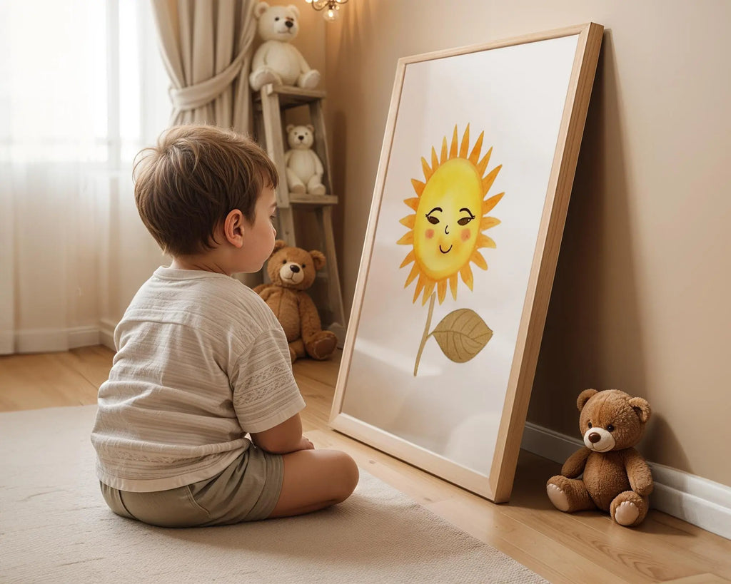 Playroom Ideas | Sunflower Face Nursery Wall Art Cheerful Baby Decor wall art print, modern home decor, unframed artwork by Nomad & Nest