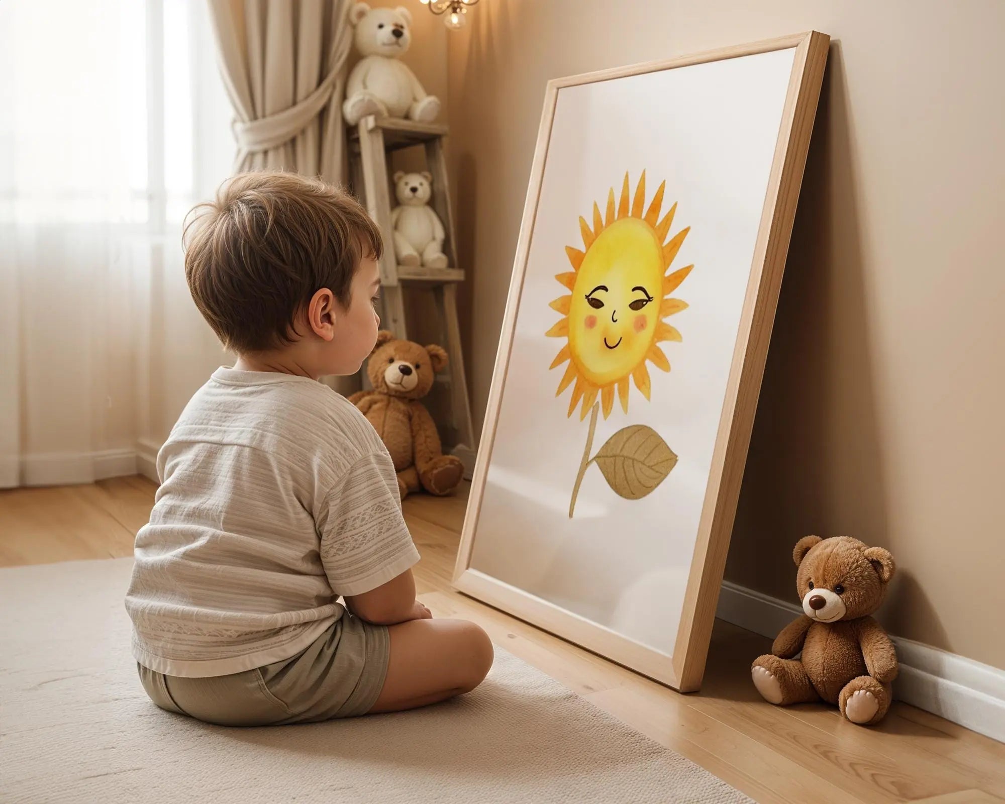 Playroom Ideas | Sunflower Face Nursery Wall Art Cheerful Baby Decor wall art print, modern home decor, unframed artwork by Nomad & Nest