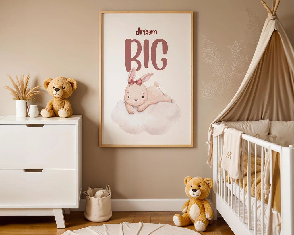 Playroom Ideas | Dream Big Bunny Nursery Wall Art | Soft Boho Cloud Print wall art print, modern home decor, unframed artwork by Nomad & Nest