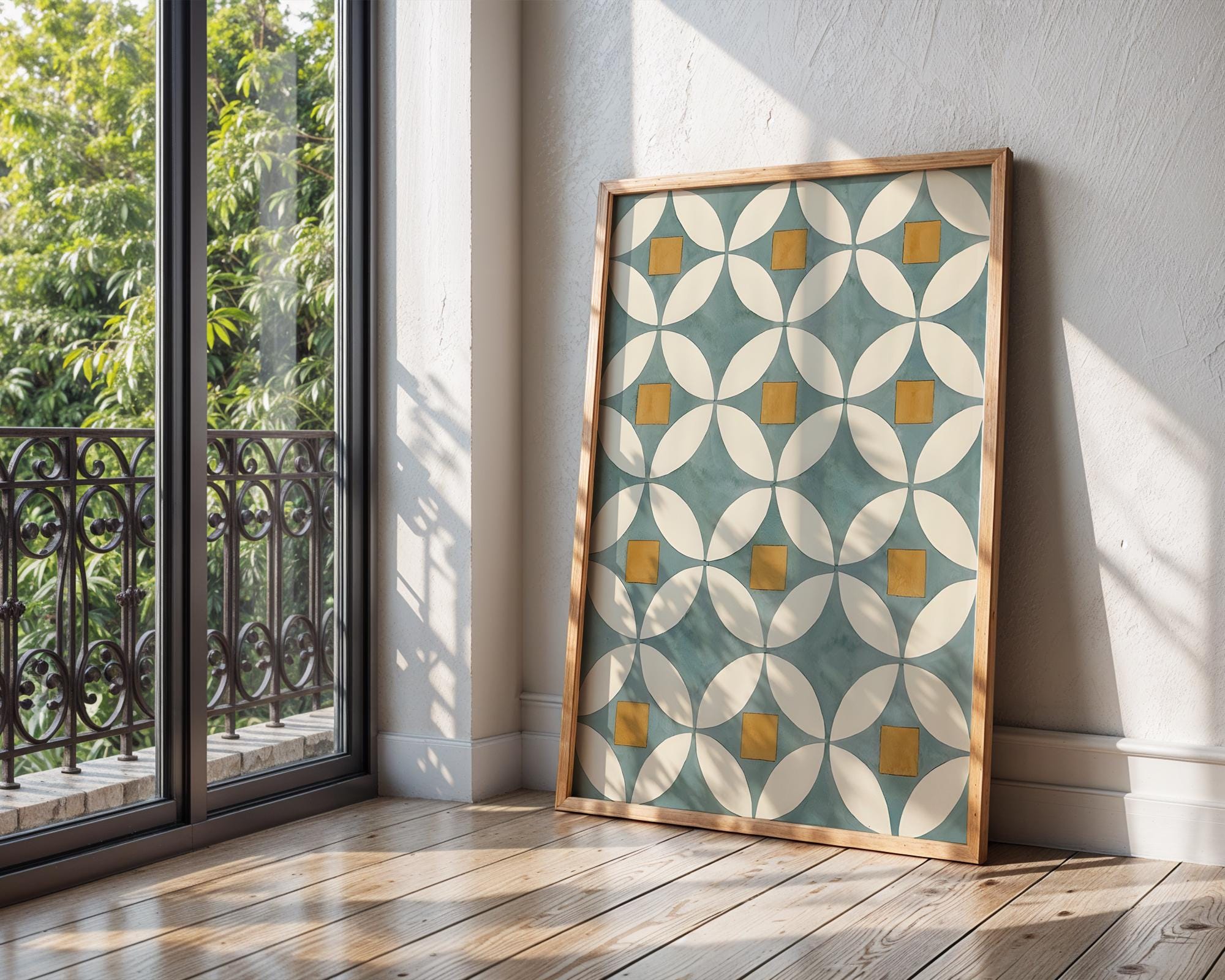 Midcentury Geometric Art Print | Blue, Gold, and White Poster wall art print, modern home decor, unframed artwork by Nomad & Nest