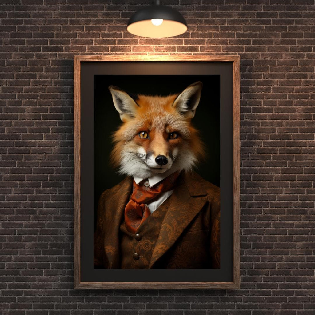 Red Fox Portrait | Vintage Gentleman Animal Wall Art with Autumn Scarf and Ornate Suit wall art print, modern home decor, unframed artwork by Nomad & Nest