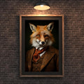 Red Fox Portrait | Vintage Gentleman Animal Wall Art with Autumn Scarf and Ornate Suit wall art print, modern home decor, unframed artwork by Nomad & Nest
