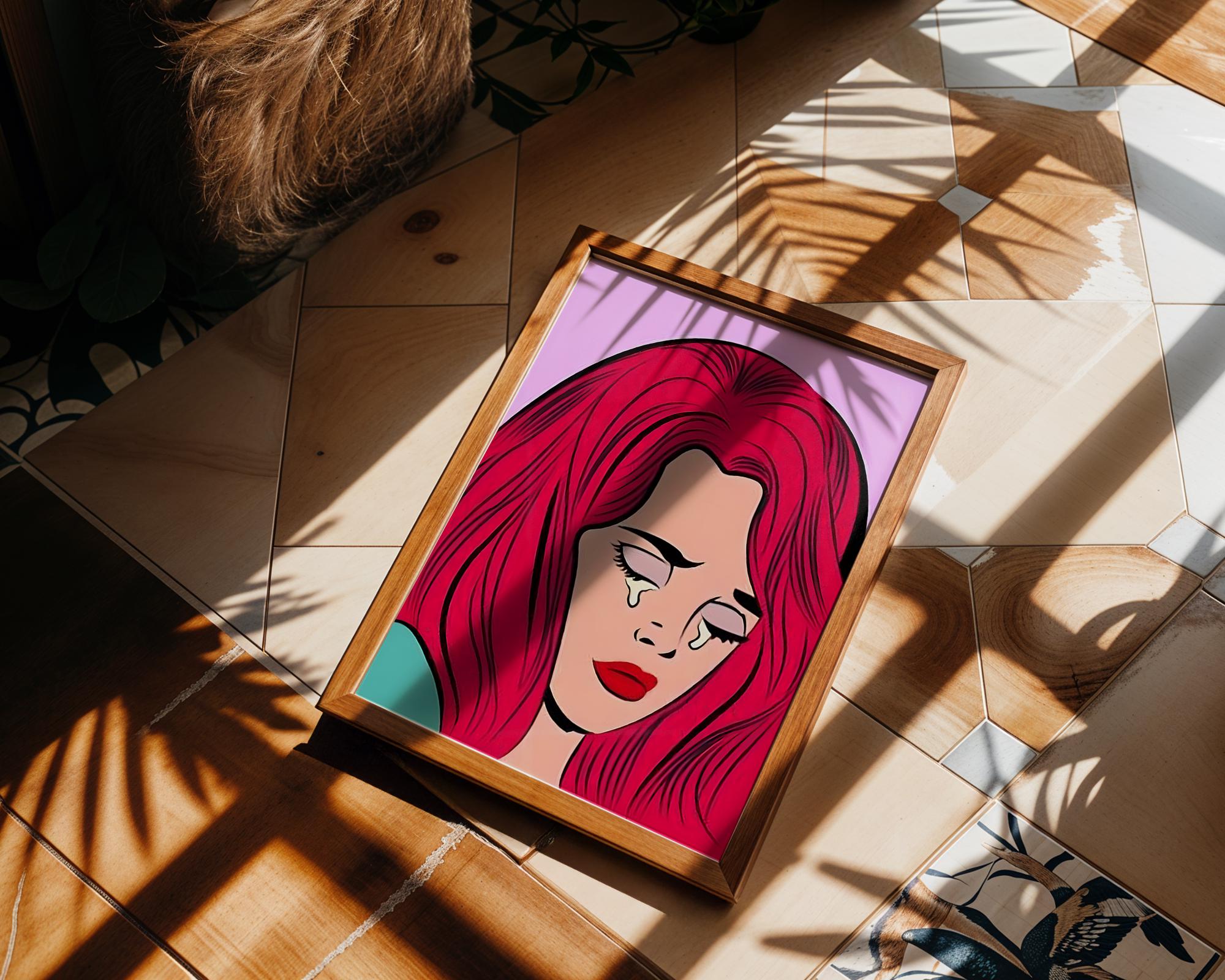 Modern Pop Art | Crying Woman Print | Retro Lichtenstein Style, Red Hair wall art print, modern home decor, unframed artwork by Nomad & Nest