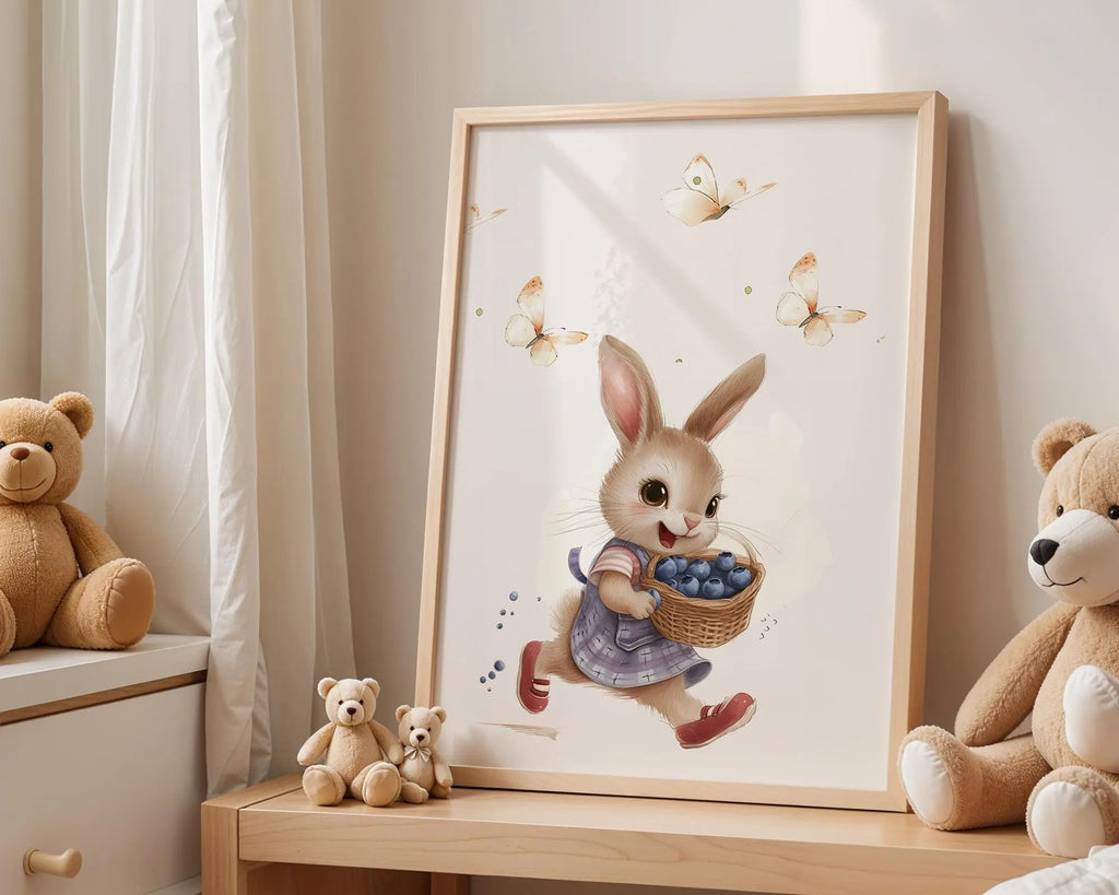 Playroom Ideas | Blueberry Bunny Nursery Wall Art | Woodland Animal Print wall art print, modern home decor, unframed artwork by Nomad & Nest