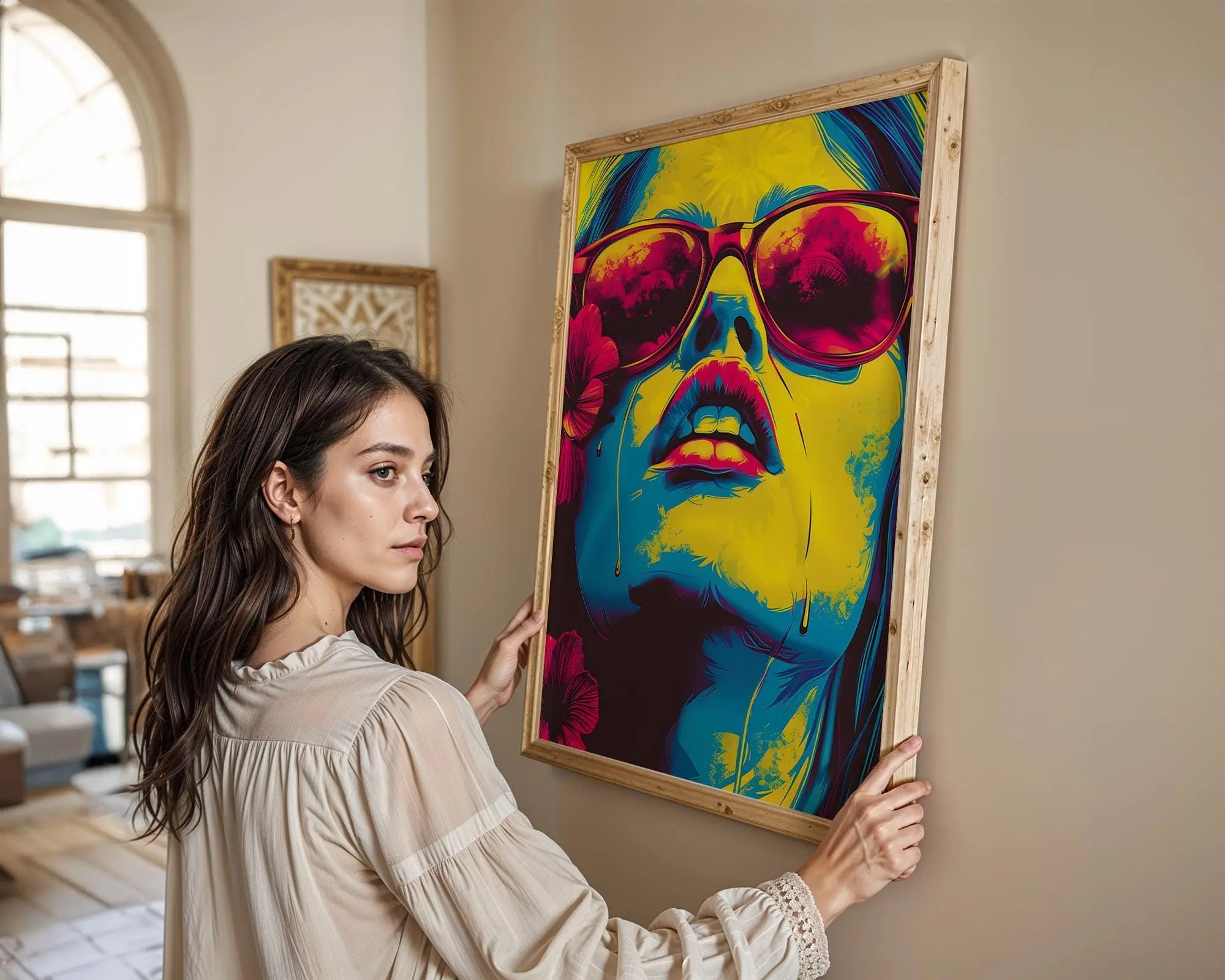 Modern Pop Art | Neon Woman Portrait  Print | Retro , Sunglasses & Flowers wall art print, modern home decor, unframed artwork by Nomad & Nest