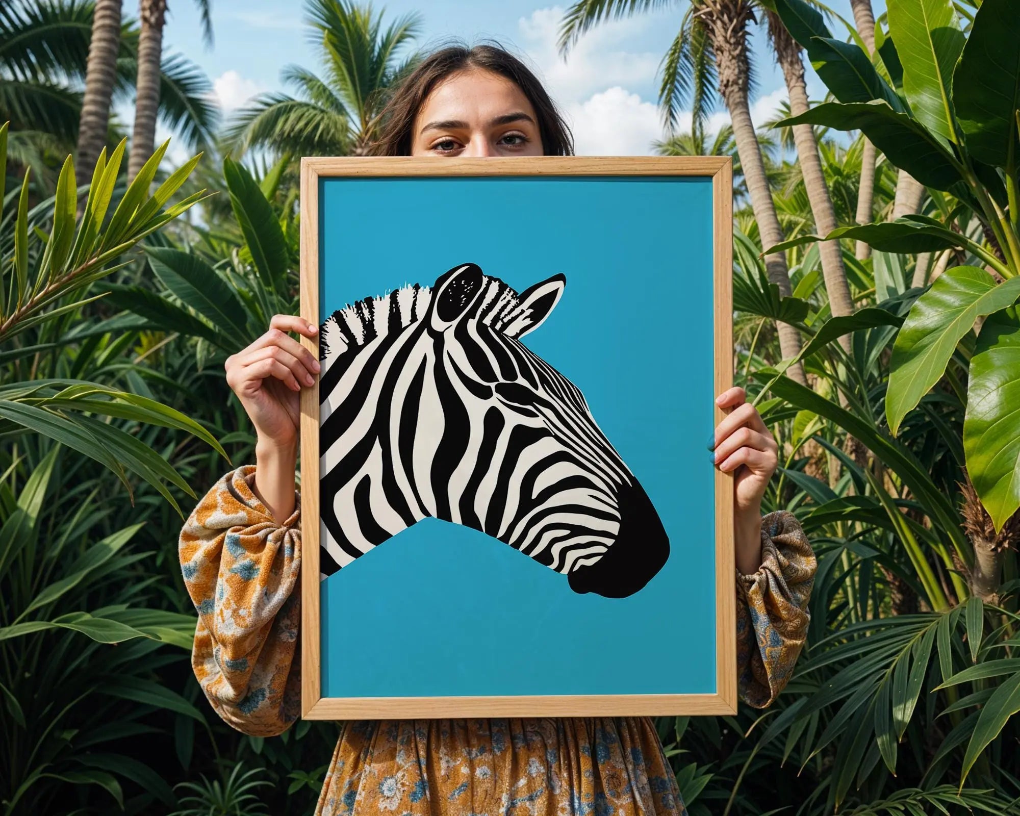 Zebra Pop Art Print | Bold Animal Illustration, Blue Background wall art print, modern home decor, unframed artwork by Nomad & Nest