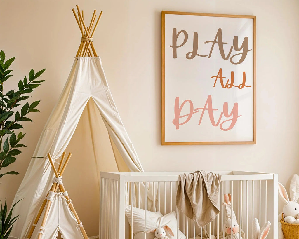 Playroom Ideas | Play All Day Nursery Wall Art | Neutral Typography Kids Print wall art print, modern home decor, unframed artwork by Nomad & Nest