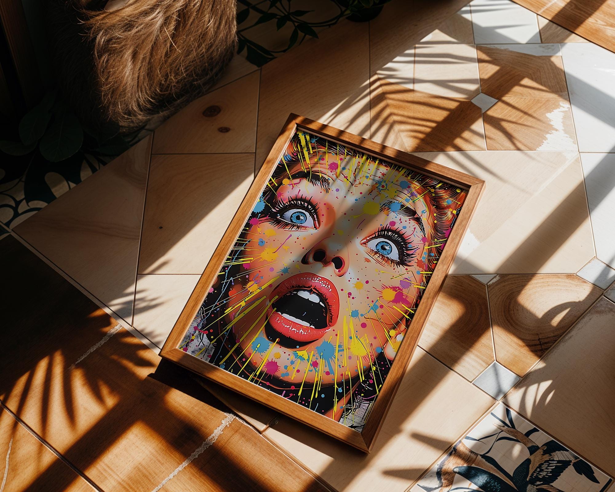 Modern Pop Art | Woman Poster | Shocked Expression, Colorful Paint Splatter wall art print, modern home decor, unframed artwork by Nomad & Nest