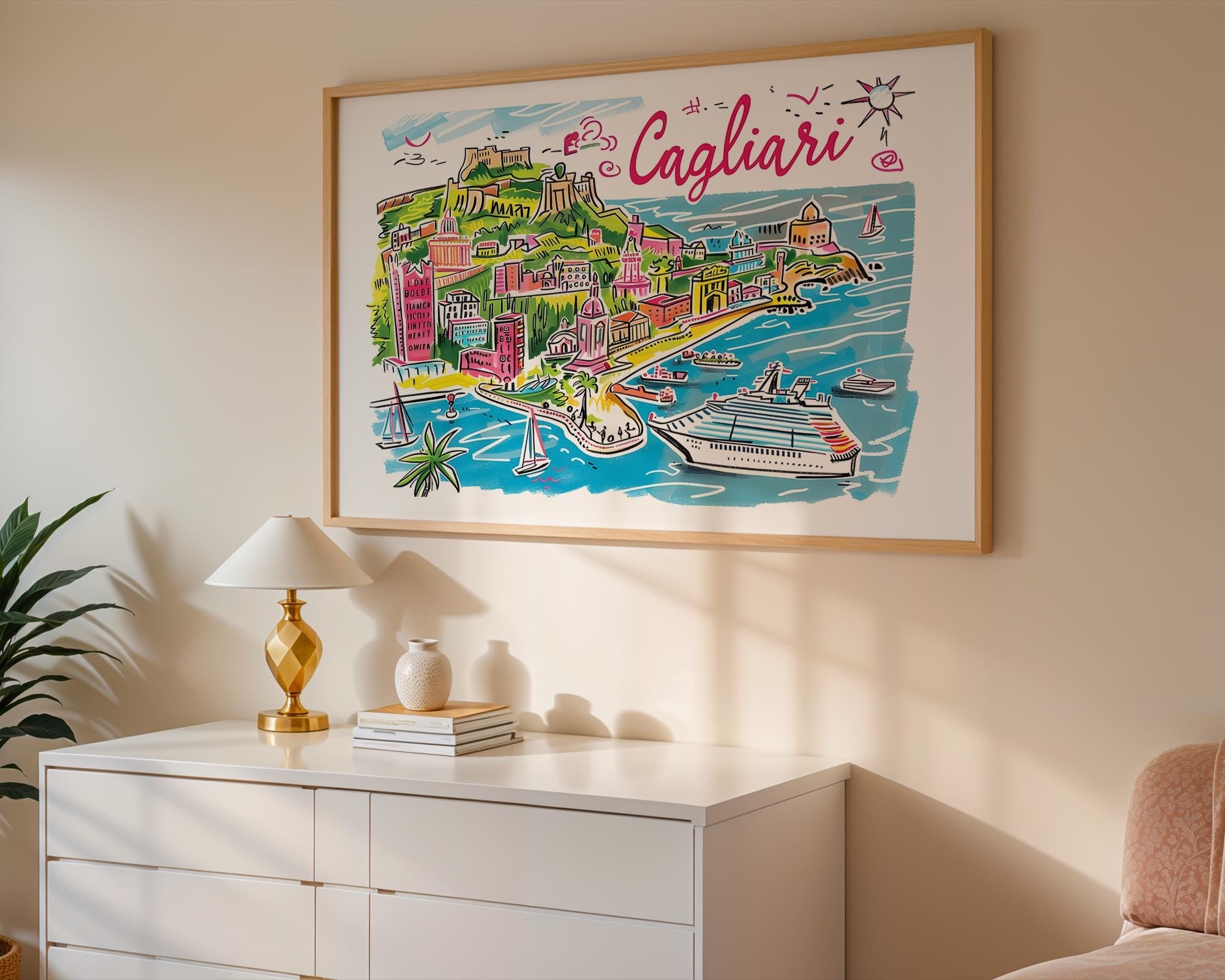 Cagliari Sardinia Art Print | Colorful Italian Island Travel Poster wall art print, modern home decor, unframed artwork by Nomad & Nest