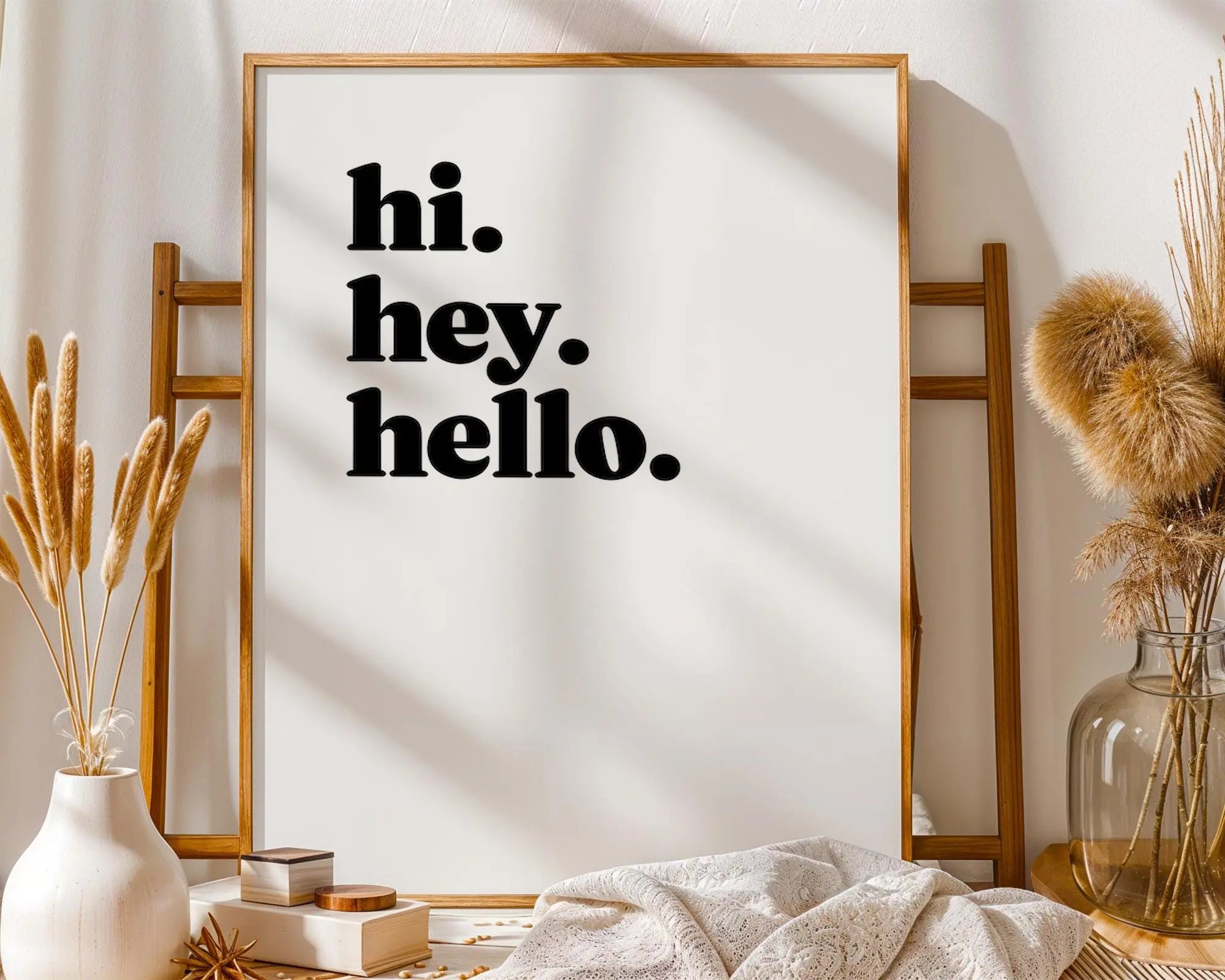 Hi Hey Hello Print | Minimalist Black Text Wall Art wall art print, modern home decor, unframed artwork by Nomad & Nest