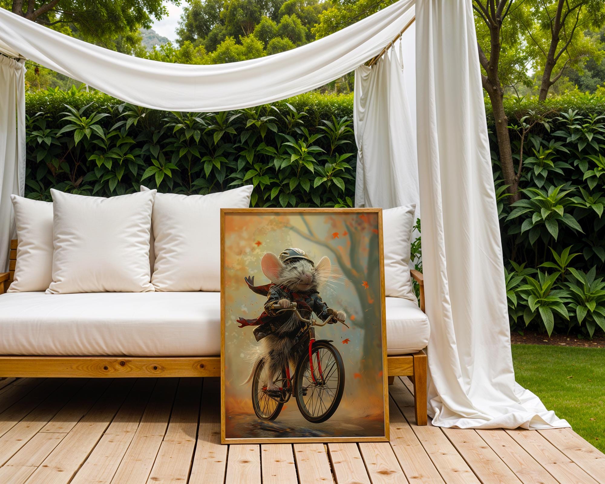 Autumn Mouse Bicycle Print | Whimsical Animal Art, Kids Room Decor wall art print, modern home decor, unframed artwork by Nomad & Nest