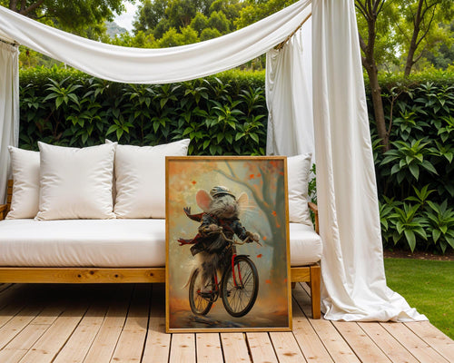 Autumn Mouse Bicycle Print | Whimsical Animal Art, Kids Room Decor wall art print, modern home decor, unframed artwork by Nomad & Nest
