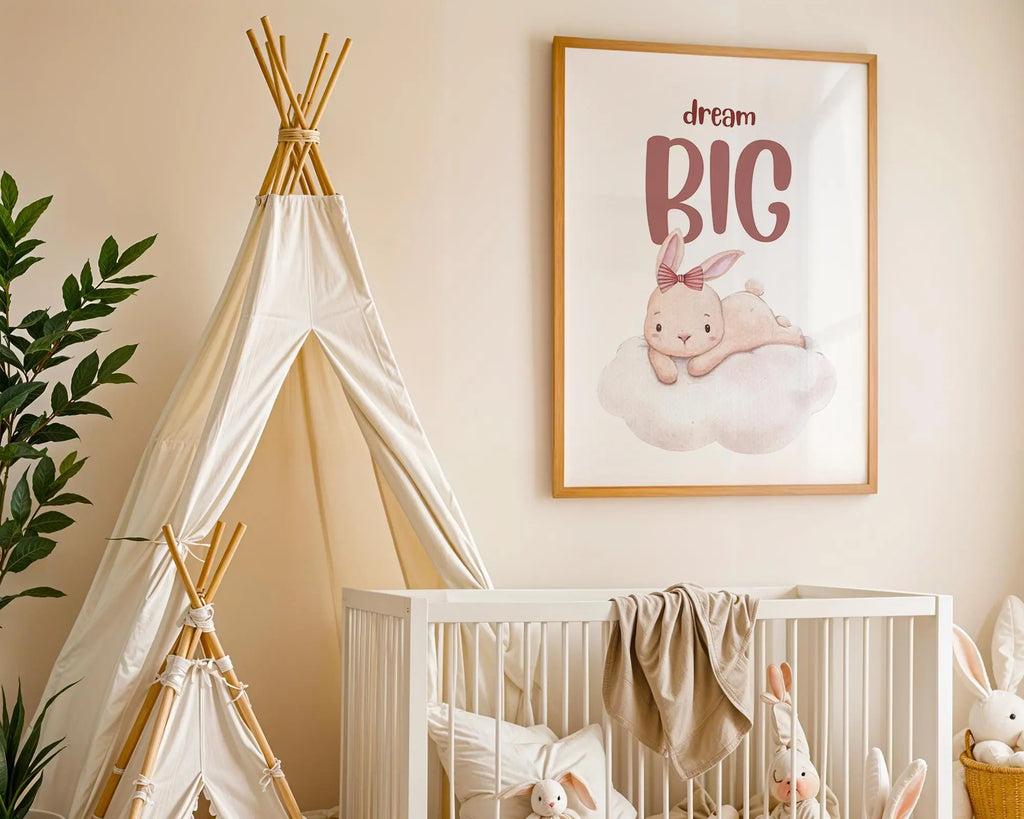 Playroom Ideas | Dream Big Bunny Nursery Wall Art | Soft Boho Cloud Print wall art print, modern home decor, unframed artwork by Nomad & Nest