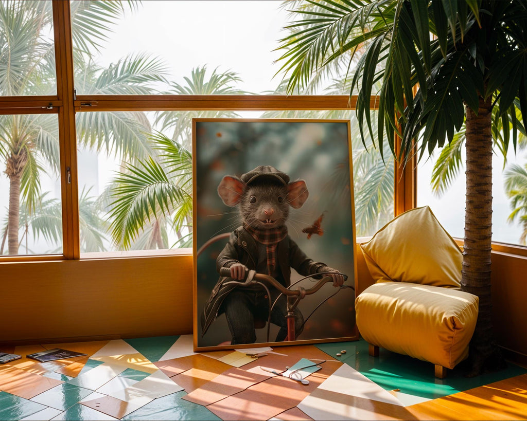 Mouse on Bicycle Art Print | Whimsical Animal Illustration, Kids Room wall art print, modern home decor, unframed artwork by Nomad & Nest