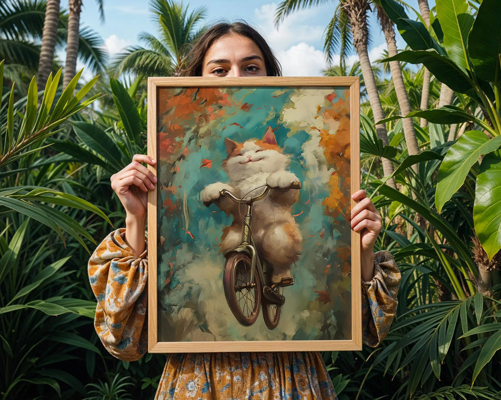 Cat on Bicycle Art Print | Whimsical Autumn Animal Poster wall art print, modern home decor, unframed artwork by Nomad & Nest
