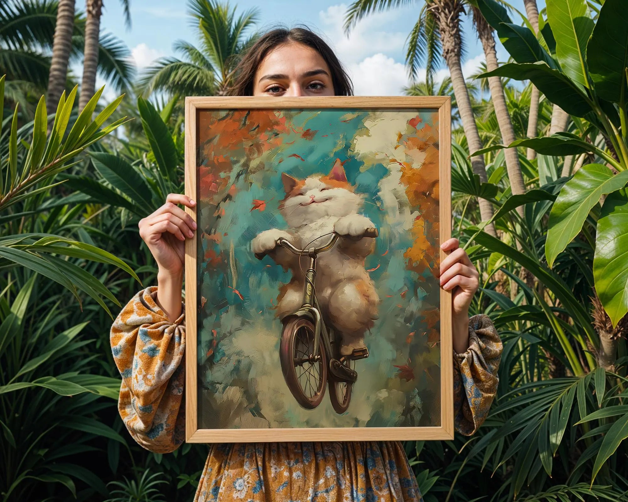 Cat on Bicycle Art Print | Whimsical Autumn Animal Poster wall art print, modern home decor, unframed artwork by Nomad & Nest