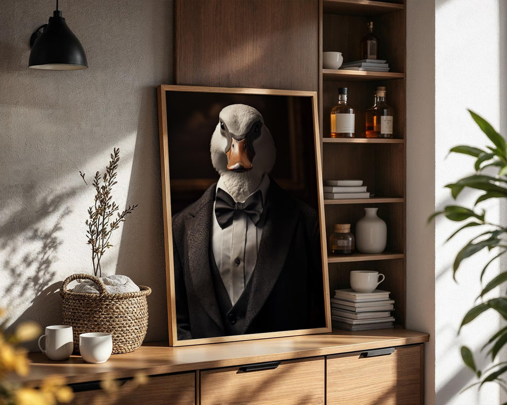 Duck in Tuxedo Art Print | Elegant Animal Portrait wall art print, modern home decor, unframed artwork by Nomad & Nest