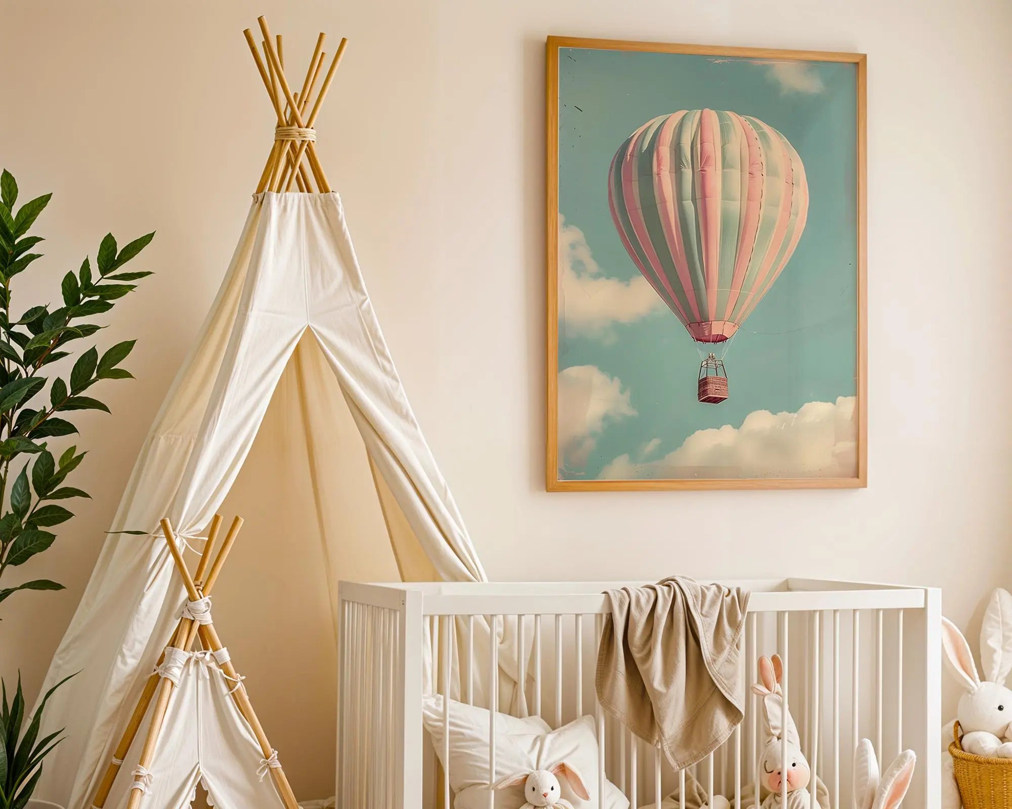 Playroom Ideas | Pastel Hot Air Balloon Nursery Art – Dreamy Baby Print wall art print, modern home decor, unframed artwork by Nomad & Nest