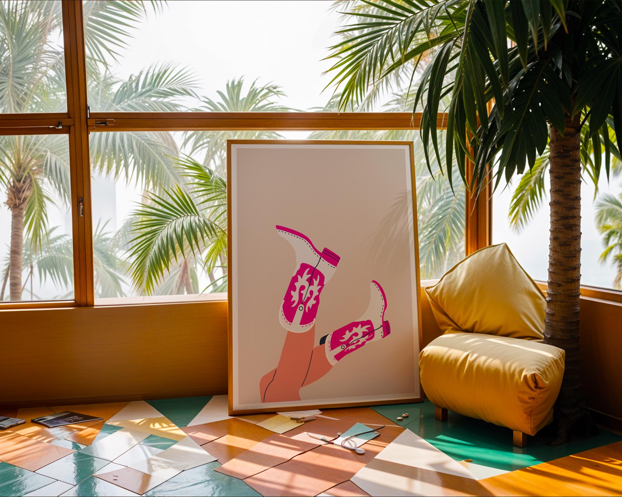 Pink Cowboy Boots Art Print | Retro Cowgirl Home Decor wall art print, modern home decor, unframed artwork by Nomad & Nest