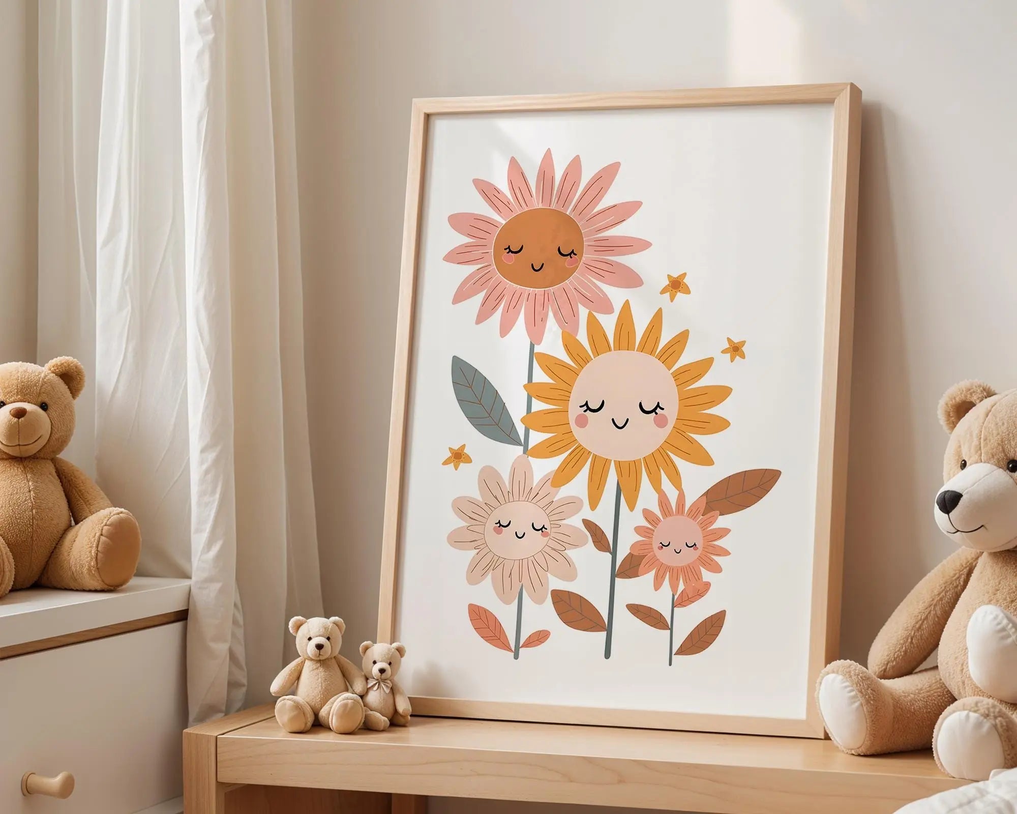 Playroom Ideas | Smiling Sunflower Nursery Art | Boho Floral Baby Print wall art print, modern home decor, unframed artwork by Nomad & Nest