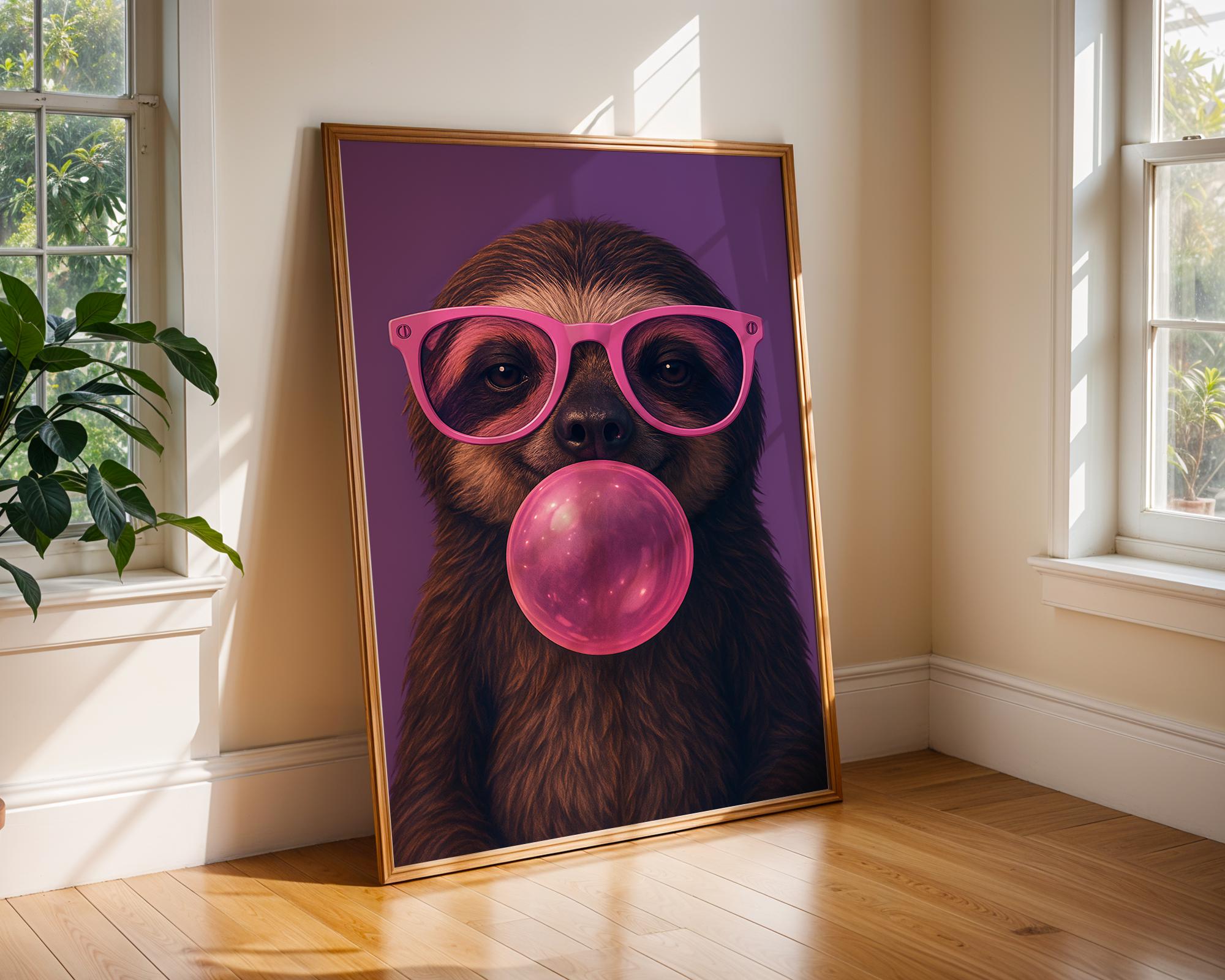 Colourful Prints | Sloth Bubblegum Print | Pink Glasses, Funky Animal Wall Art wall art print, modern home decor, unframed artwork by Nomad & Nest